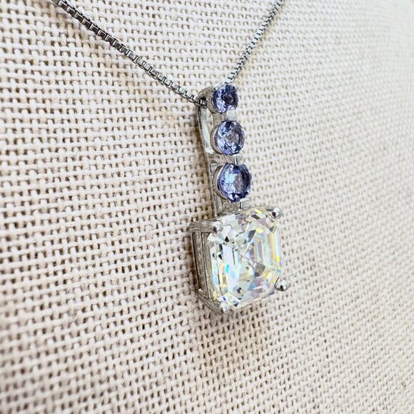 VTG Sterling Silver 925 Blue & White CZ Pendant Necklace Size 18" Adjustable - Picture 3 of 15